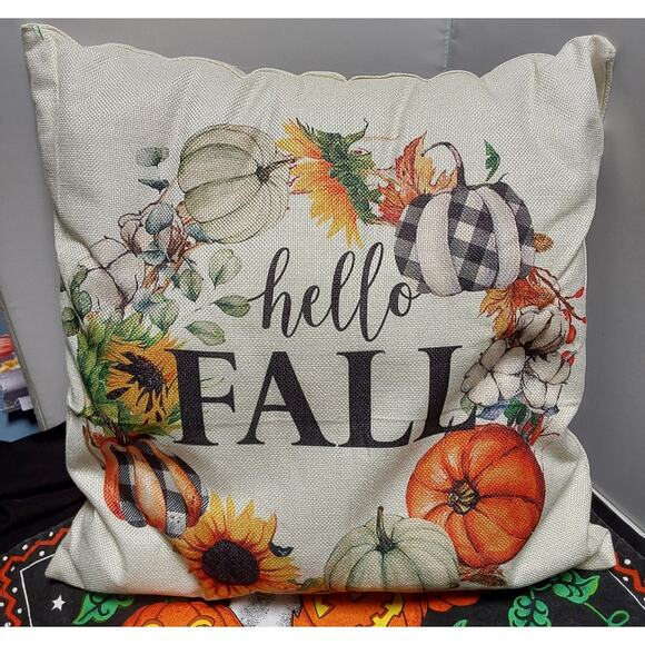 Fall holiday decor throw pillow Hello Fall 17" x 17" Punkins - Picture 1 of 3